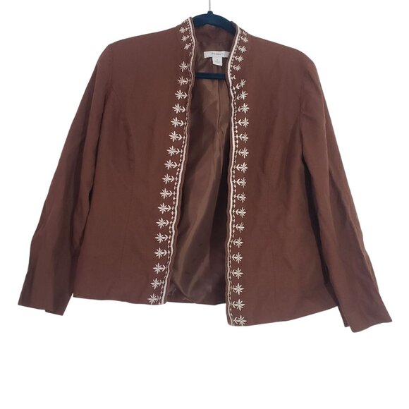 Dressbarn Brown Open Blazer Embroidered Womens Size 8 Linen Blend Casual Boho - Picture 1 of 7